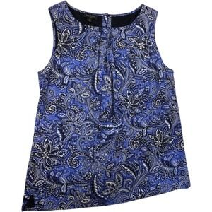 Talbots Sleeveless Top 4P Blue Paisley Floral Pleated Cotton Boho Classic Modest